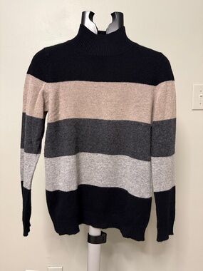 Bloomingdale's Cashmere Black, Beige, Charcoal & Light Gray Striped Sweater